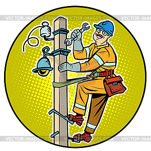 Electrician on power pole - vector image