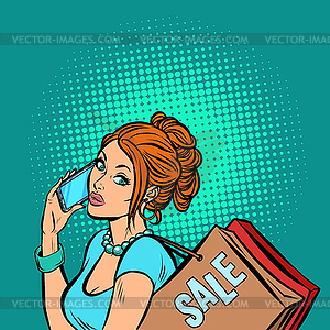 Woman buyer talking on phone - vector image