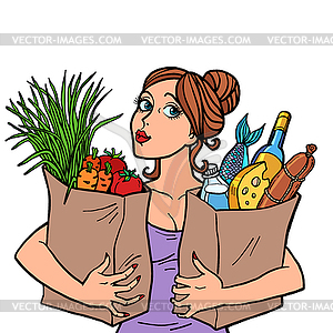 Женщина и мешки с едой - графика в векторе