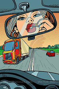 Driver woman paints lips with lipstick. attention o - vector clipart