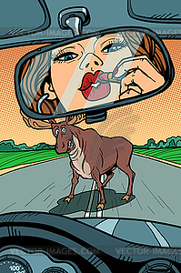 Woman driver looks in mirror. wild animals on road - vector clip art