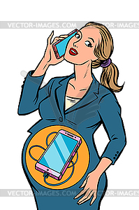 Businesswoman is pregnant. phone is born in stomach - vector image