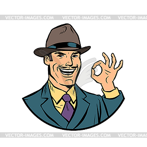 Retro businessman OK gesture - vector clipart