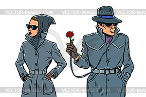 Man and woman secret agents, spies. isolate - stock vector clipart