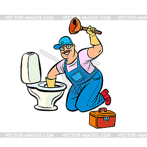 Plumber cleans toilet - vector clip art