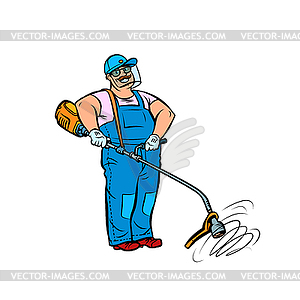 Gardener with manual lawn mower - vector clipart