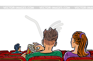 Couple in cinema eating popcorn and watching movie - vector image