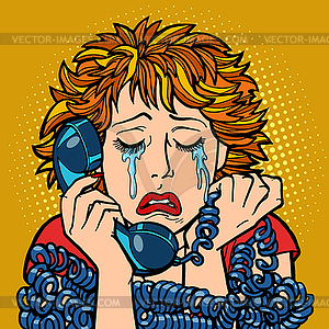 Женщина плачет человеческими эмоциями. телефонный разговор - стоковый векторный клипарт