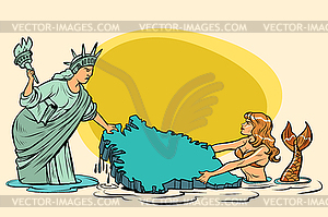 Caricature. USA and Denmark are pulling Greenland. - vector clipart