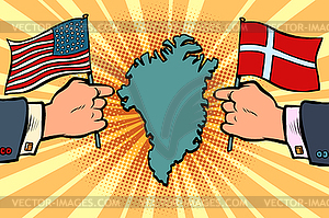 USA v. Denmark, dispute over Greenland. Hands of - vector image