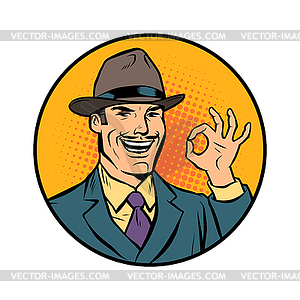 Retro businessman OK gesture - vector clipart