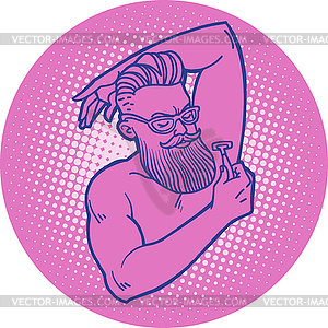 Bearded hipster man shaves his armpit with razor - vector clipart