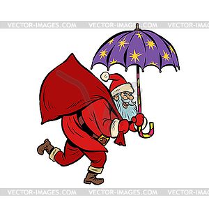 Santa Claus with star umbrella, magical night. - color vector clipart