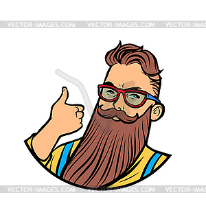 Bearded hipster thumb up gesture - vector image