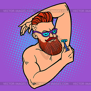 Bearded hipster man shaves his armpit with razor - vector clip art