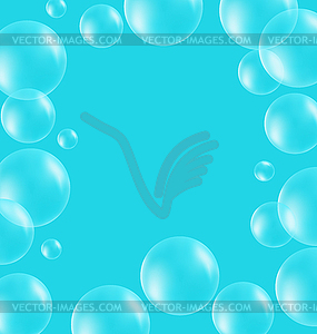 Transparent soap bubbles like frame on blue - vector image