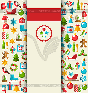Christmas Card with Flat Icons on Beige - vector image