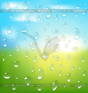 Abstract spring background with sunrise and drops - vector clipart