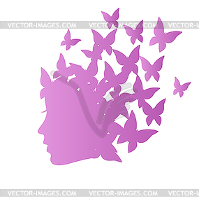 Icon with beautiful woman profile with butterflies - vector clipart