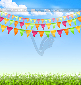 Grass lawn with bright buntings clouds on blue sky - vector clip art