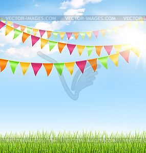 Green grass lawn with buntings clouds and sun on - vector clipart