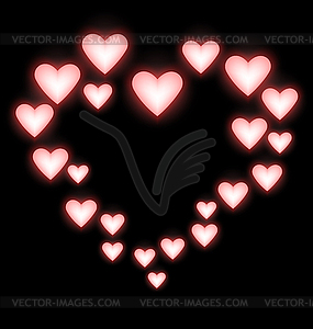 Self-illuminated pink hearts like frame on black - vector clip art