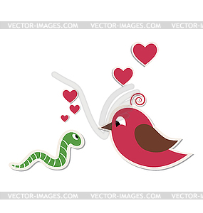 Cute loving worm and bird - vector clip art