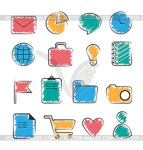 Set of business office flat hand-drawn icons - vector image