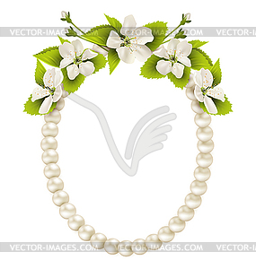 Pearl oval like frame with cherry flowers - royalty-free vector image