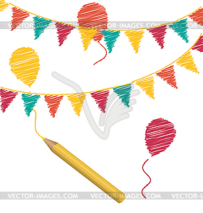 Pencil draws multicolored buntings and air balls - vector image