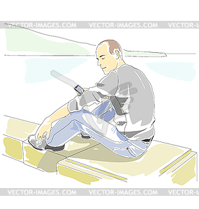 Man with mobile phone sitting on parapet - vector clip art