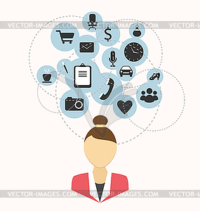 Woman with flat icons in think bubble - vector clipart