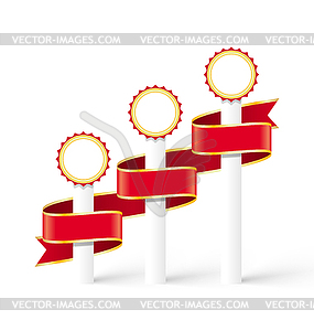 Festive Winners Medals with Curved Red Ribbon - vector image