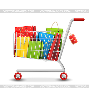 Sale Colorful Shopping Cart with Bags - vector clipart