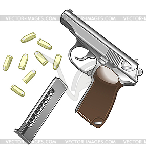 Metal pistol with bullets - vector image