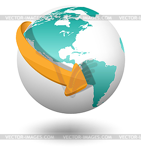Эмблема с белым земного шара и оранжевой стрелкой - изображение в векторе / векторный клипарт