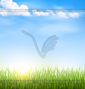 Grass lawn with clouds and sun on blue sky - vector image