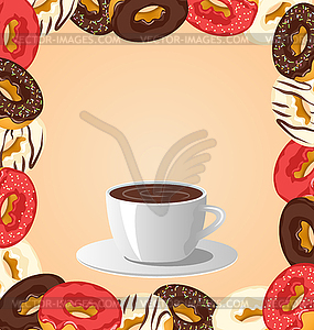 Donuts with cup of coffee on beige - stock vector clipart