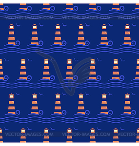 Seamless sea pattern. Lighthouse with light blue - vector image