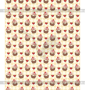 Seamless sweet pattern with cupcake and hearts on - vector EPS clipart