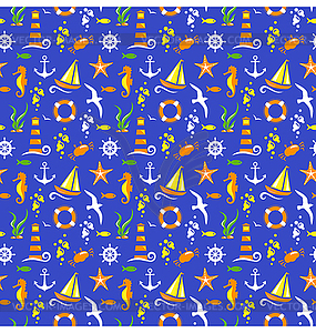 Seamless summer sea pattern on blue - vector clip art