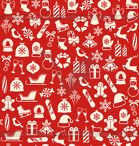 Seamless Winter Pattern with Christmas Icons on Red - vector image