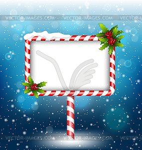 Candy cane billboard with holly in snowfall - vector clipart