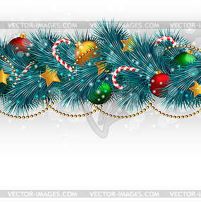 Christmas tree branches with adornments on grayscale - vector image