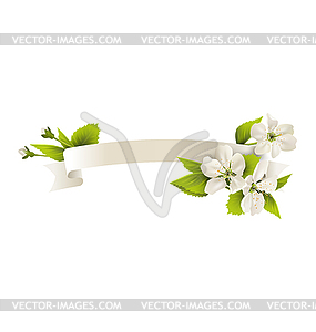 Celebration ribbon flag with cherry flowers - vector image