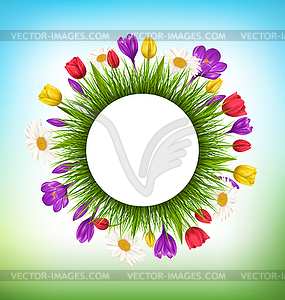 Circle frame with grass and flowers. Floral nature - vector image