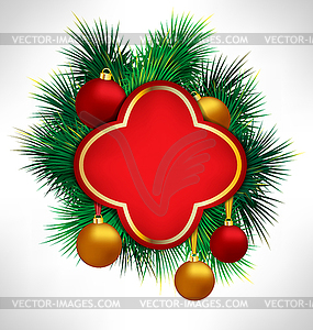 Red Frame on pine branches with Christmas balls - vector clipart