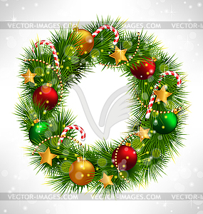 Christmas wreath with adornments on grayscale - vector image