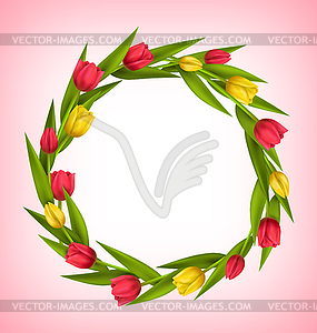 Circle frame with tulips red and yellow flowers on - vector image