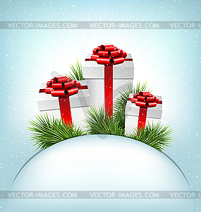 Three grayscale gift boxes with red bows, pine - vector clip art